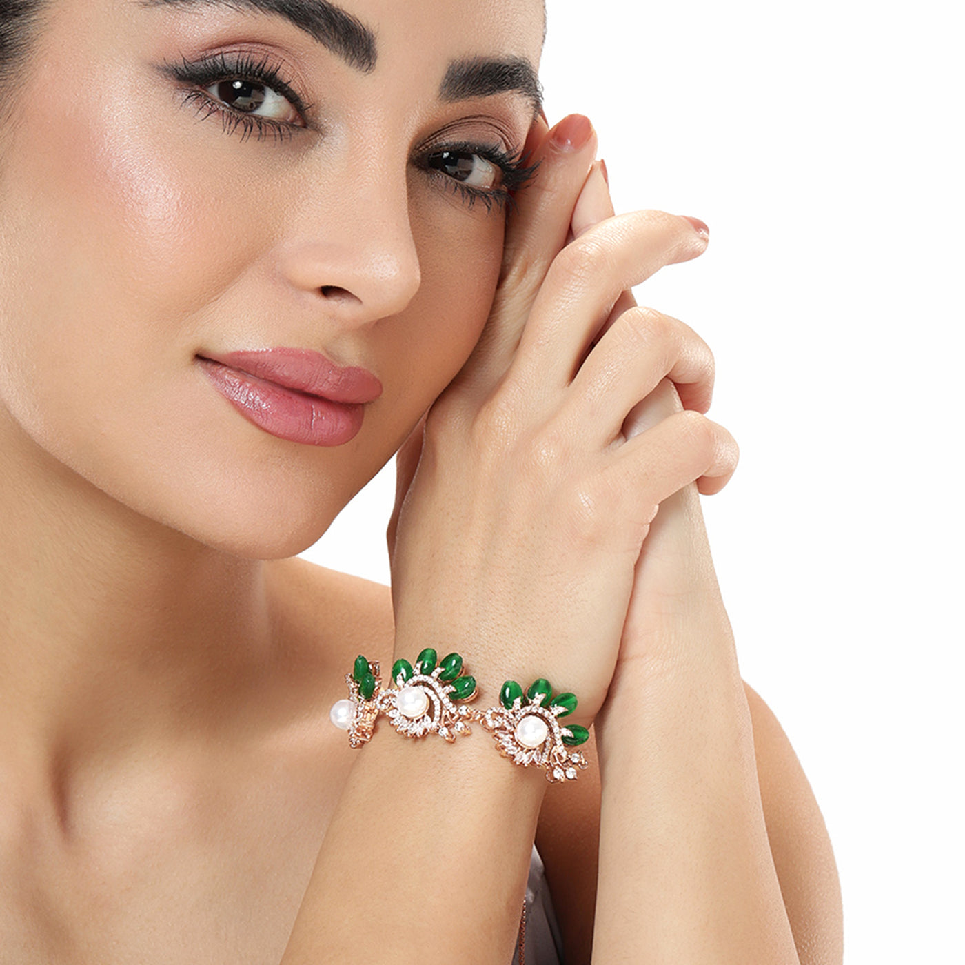 Estele Rosegold Plated Floral-Inspired Green Beaded Adjustable Charm Bracelet|A Graceful Accessory for Modern Women