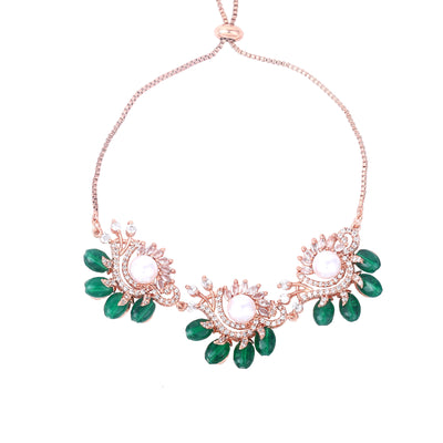 Estele Rosegold Plated Floral-Inspired Green Beaded Adjustable Charm Bracelet|A Graceful Accessory for Modern Women