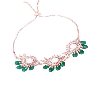 Estele Rosegold Plated Floral-Inspired Green Beaded Adjustable Charm Bracelet|A Graceful Accessory for Modern Women