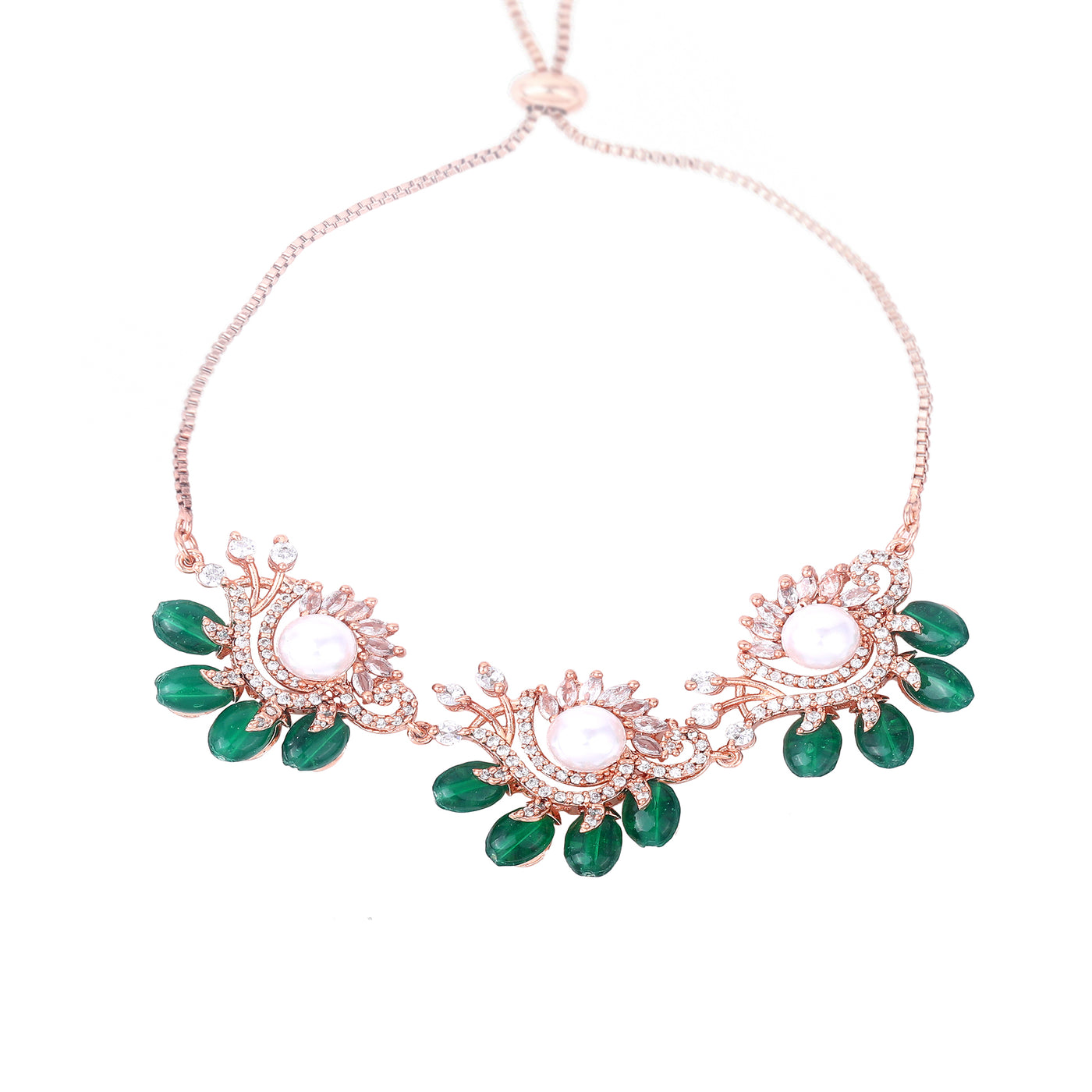 Estele Rosegold Plated Floral-Inspired Green Beaded Adjustable Charm Bracelet|A Graceful Accessory for Modern Women