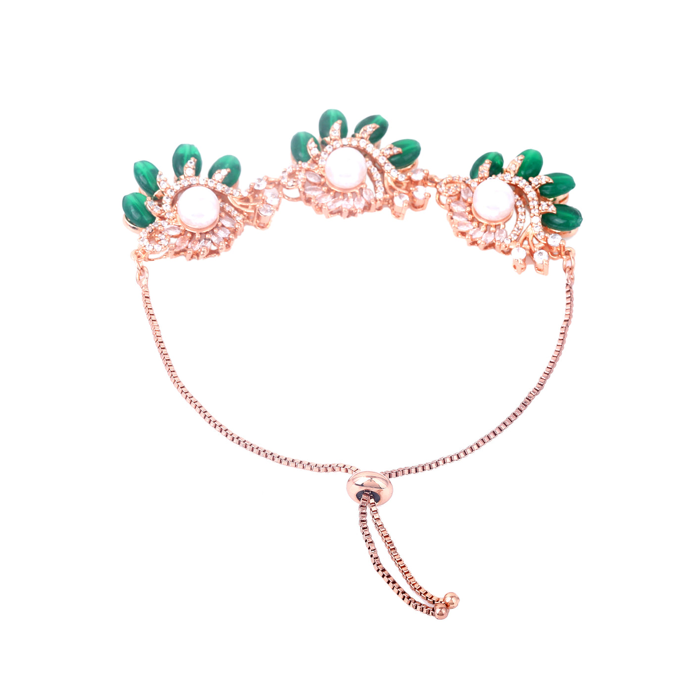 Estele Rosegold Plated Floral-Inspired Green Beaded Adjustable Charm Bracelet|A Graceful Accessory for Modern Women