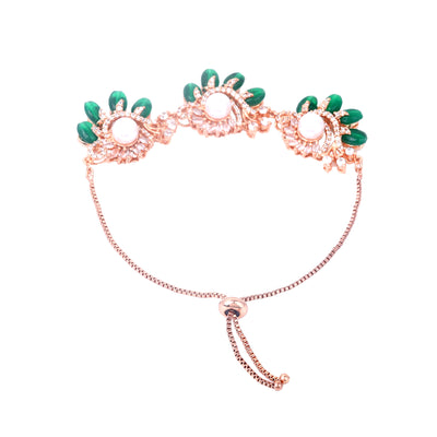 Estele Rosegold Plated Floral-Inspired Green Beaded Adjustable Charm Bracelet|A Graceful Accessory for Modern Women