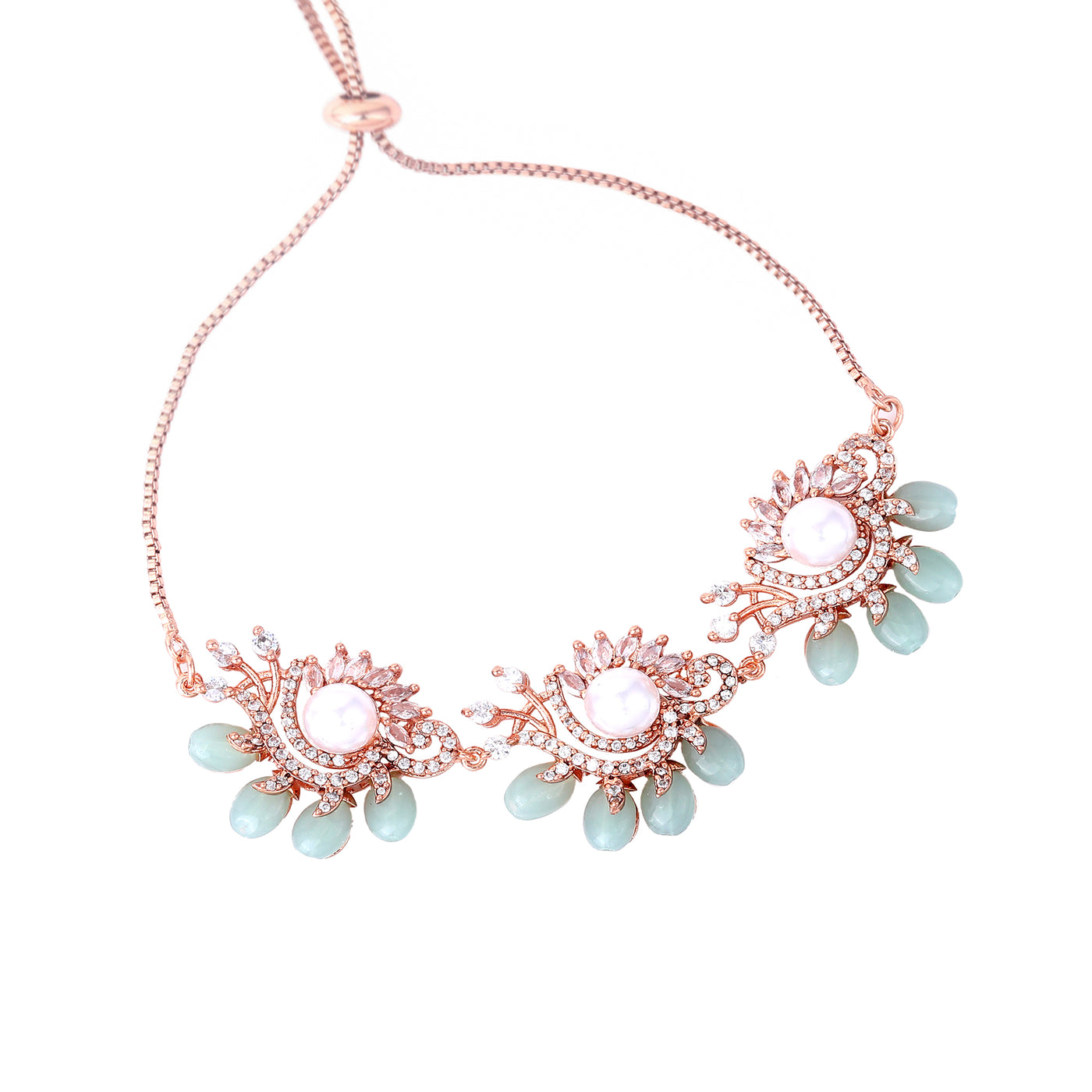 Estele Rosegold Plated Shiny Mint Green Beads Accented Adjustable Bracelet|Modern Charm with Classic Beauty for Women