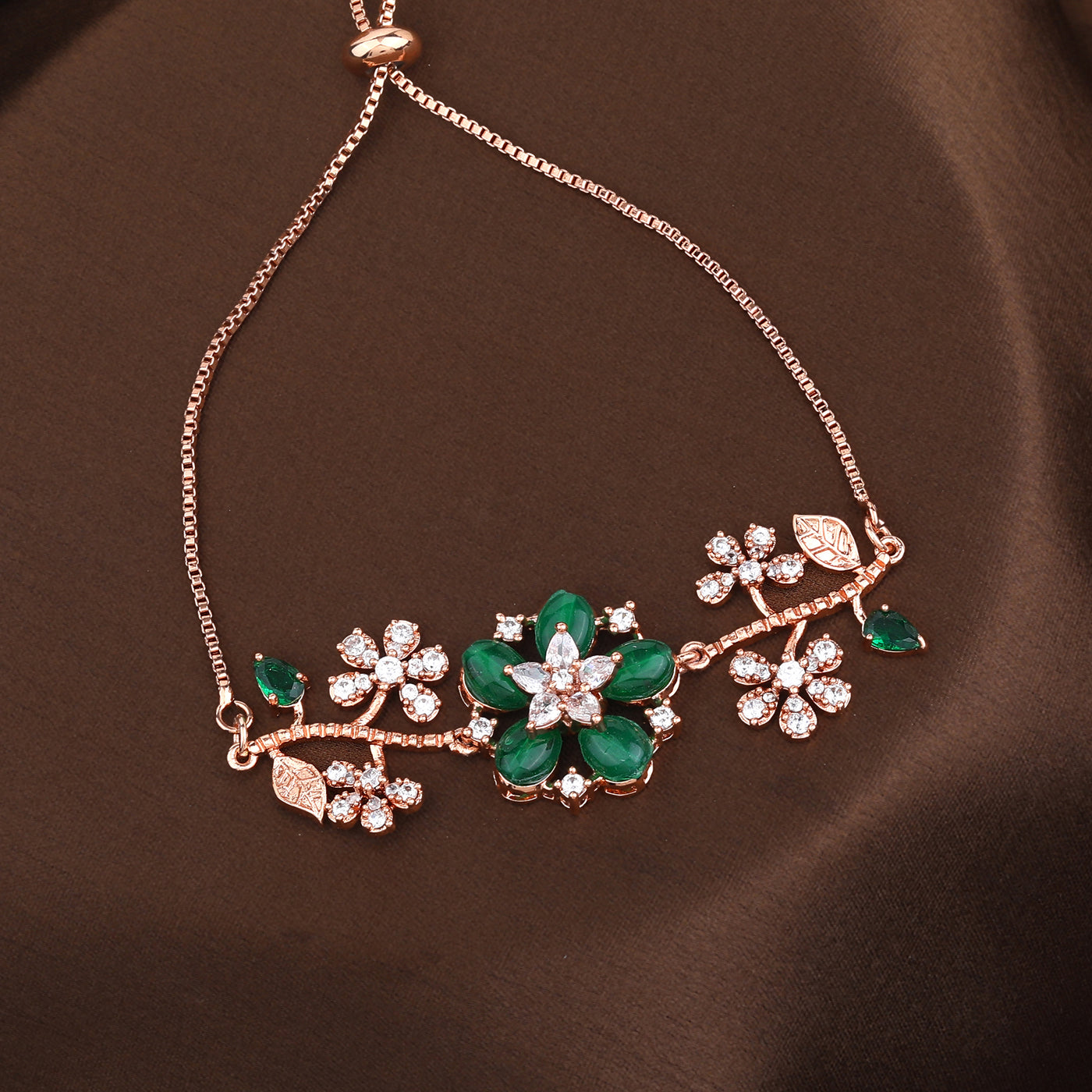 Estele Rosegold Plated Flower-Decorated Green Beaded Adjustable Charm Bracelet|A Graceful Wristlet for Modern Ladies