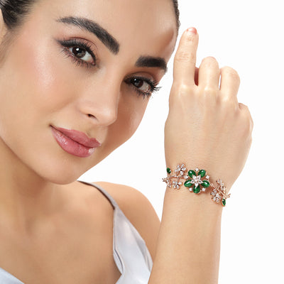 Estele Rosegold Plated Flower-Decorated Green Beaded Adjustable Varya Bracelet|A Graceful Wristlet for Modern Ladies