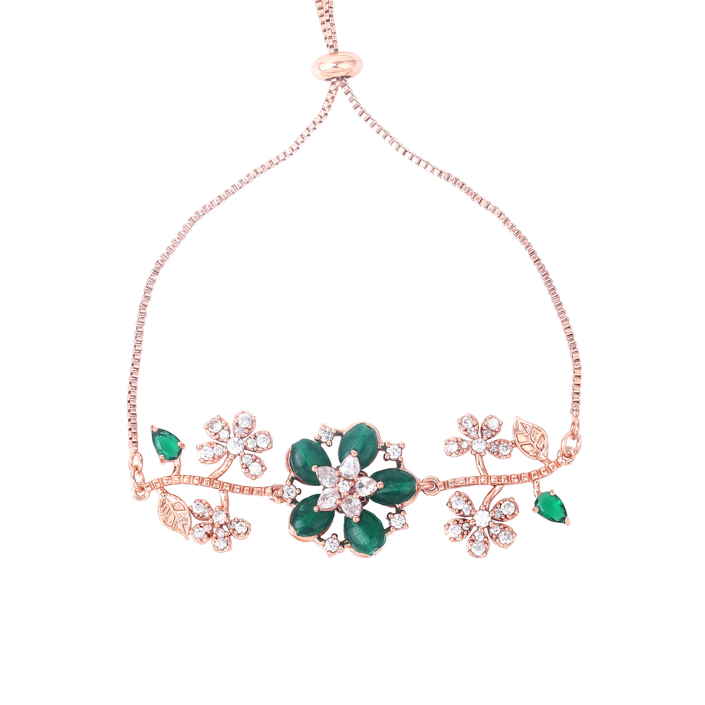 Estele Rosegold Plated Flower-Decorated Green Beaded Adjustable Charm Bracelet|A Graceful Wristlet for Modern Ladies