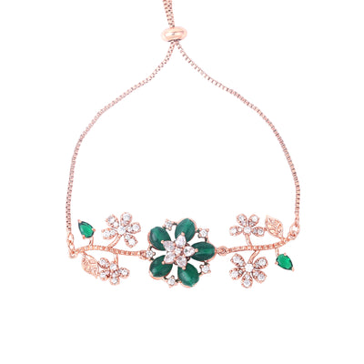 Estele Rosegold Plated Flower-Decorated Green Beaded Adjustable Charm Bracelet|A Graceful Wristlet for Modern Ladies