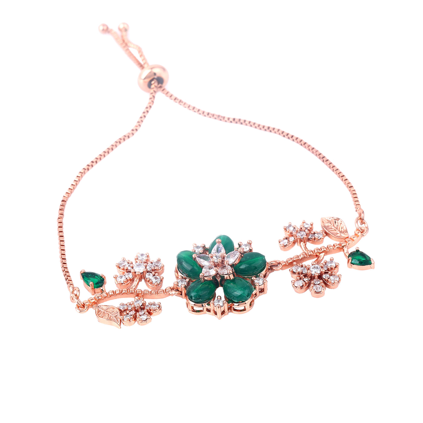 Estele Rosegold Plated Flower-Decorated Green Beaded Adjustable Charm Bracelet|A Graceful Wristlet for Modern Ladies