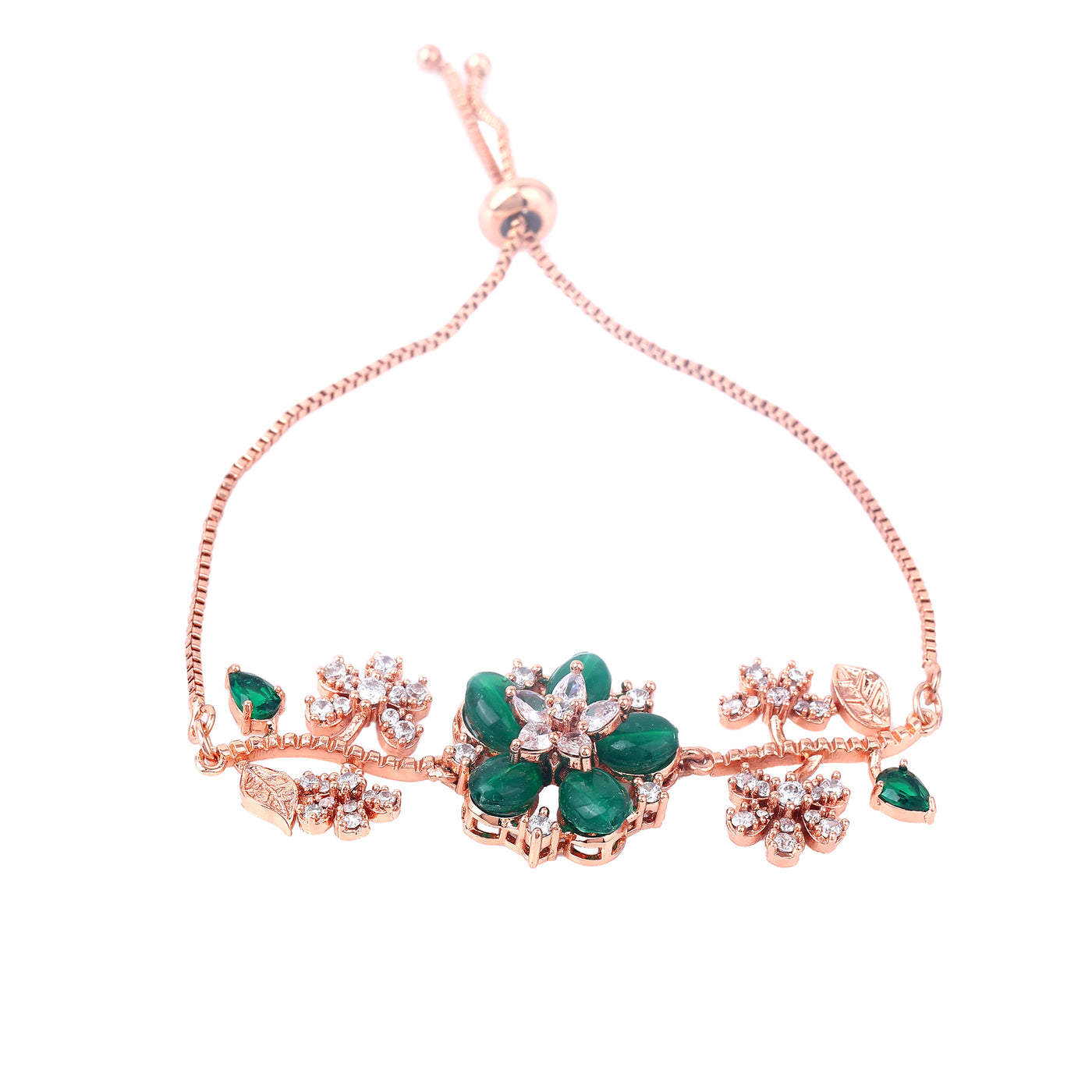 Estele Rosegold Plated Flower-Decorated Green Beaded Adjustable Charm Bracelet|A Graceful Wristlet for Modern Ladies