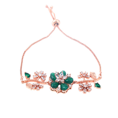 Estele Rosegold Plated Flower-Decorated Green Beaded Adjustable Charm Bracelet|A Graceful Wristlet for Modern Ladies