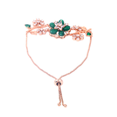 Estele Rosegold Plated Flower-Decorated Green Beaded Adjustable Charm Bracelet|A Graceful Wristlet for Modern Ladies