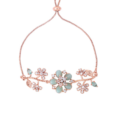 Estele Rosegold Plated Flower-Decorated Mint Green Beaded Adjustable Charm Bracelet|A Graceful Wristlet for Modern Ladies