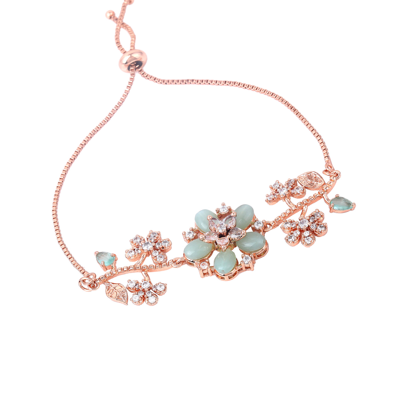 Estele Rosegold Plated Flower-Decorated Mint Green Beaded Adjustable Charm Bracelet|A Graceful Wristlet for Modern Ladies