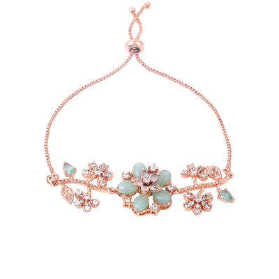 Estele Rosegold Plated Flower-Decorated Mint Green Beaded Adjustable Charm Bracelet|A Graceful Wristlet for Modern Ladies