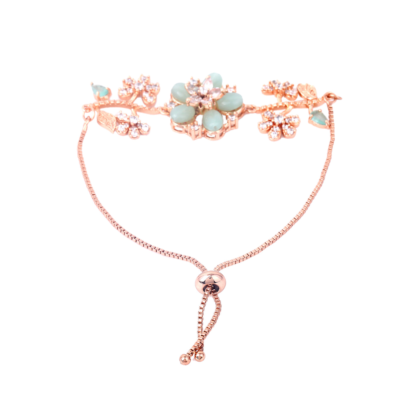 Estele Rosegold Plated Flower-Decorated Mint Green Beaded Adjustable Charm Bracelet|A Graceful Wristlet for Modern Ladies