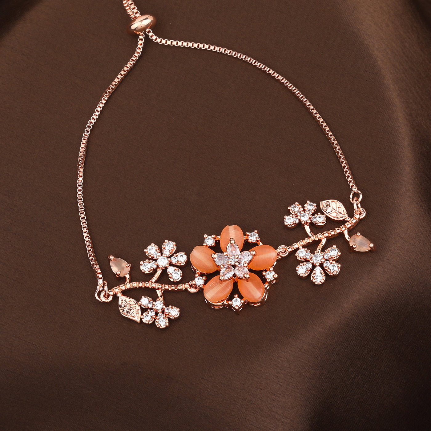 Estele Rosegold Plated Blossom-Accented Mint Orange Beads Adjustable Varya Bracelet | A Graceful Adornment for Women