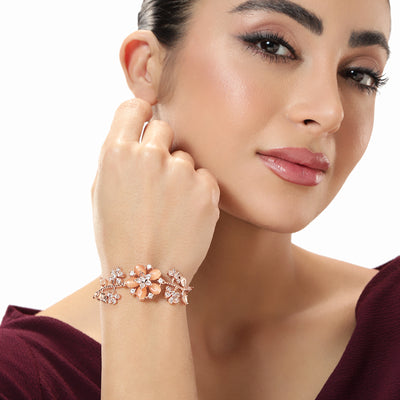 Estele Rosegold Plated Blossom-Accented Mint Orange Beads Adjustable Charm Bracelet | A Graceful Adornment for Women