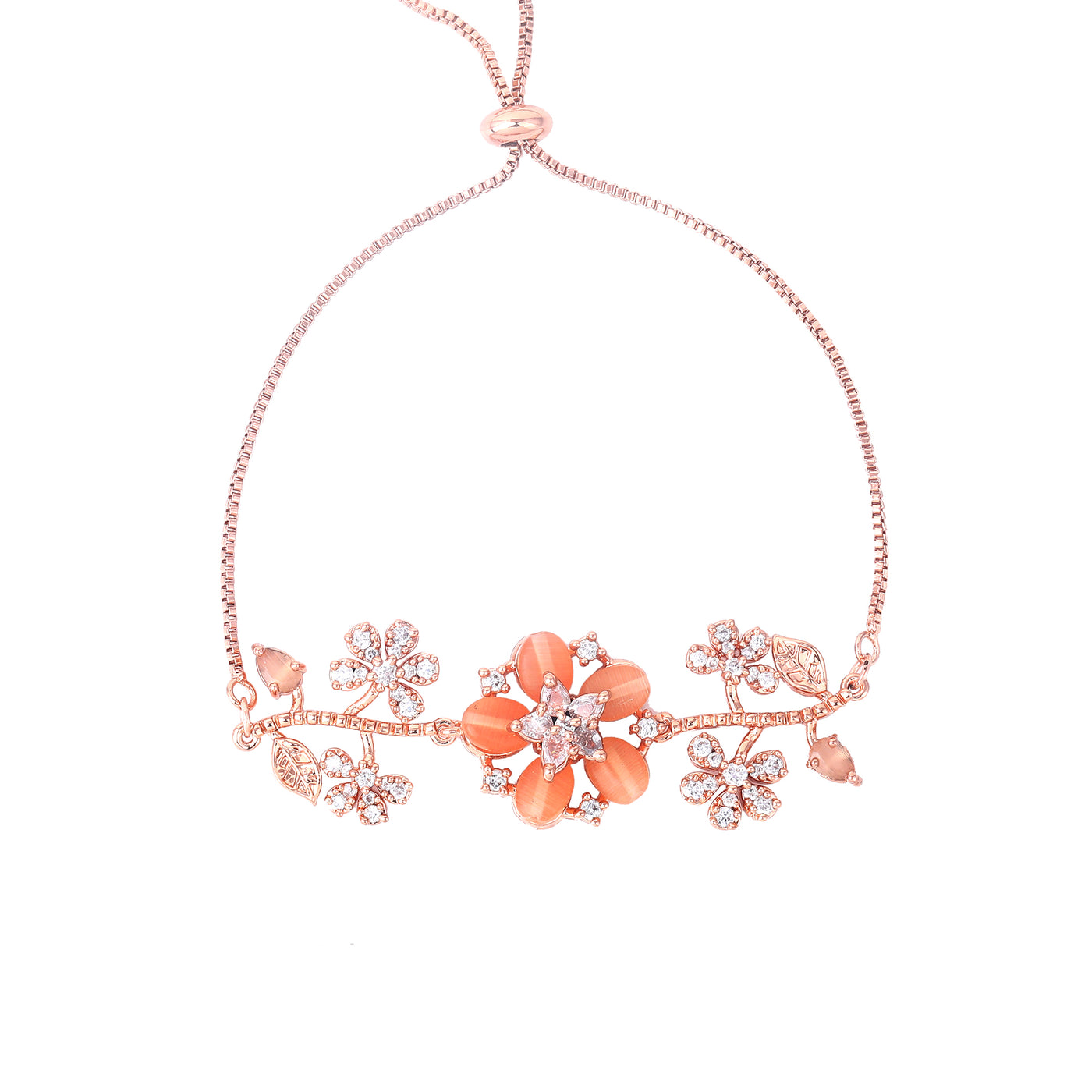 Estele Rosegold Plated Blossom-Accented Mint Orange Beads Adjustable Varya Bracelet | A Graceful Adornment for Women