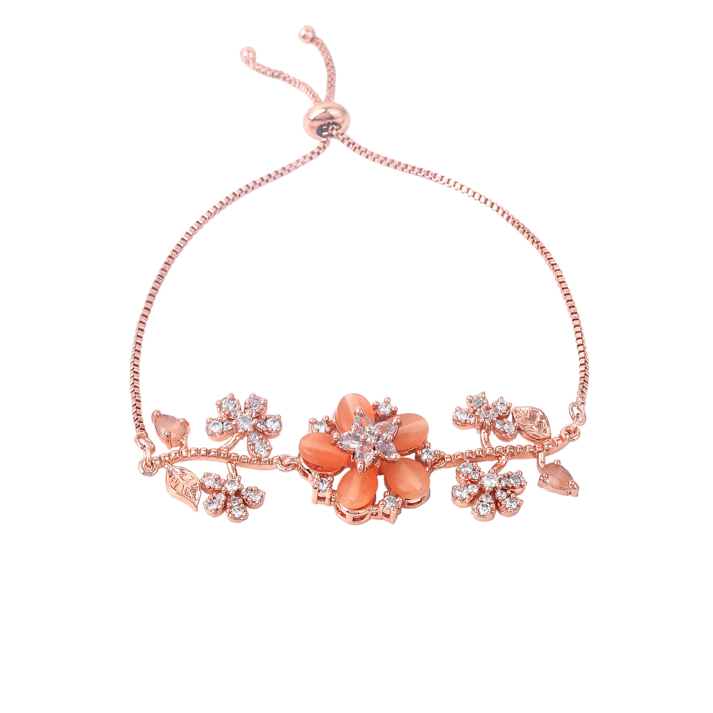 Estele Rosegold Plated Blossom-Accented Mint Orange Beads Adjustable Charm Bracelet | A Graceful Adornment for Women