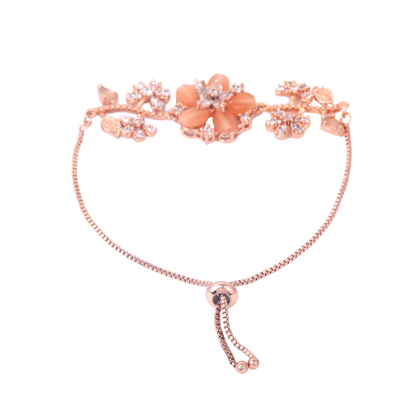 Estele Rosegold Plated Blossom-Accented Mint Orange Beads Adjustable Charm Bracelet | A Graceful Adornment for Women