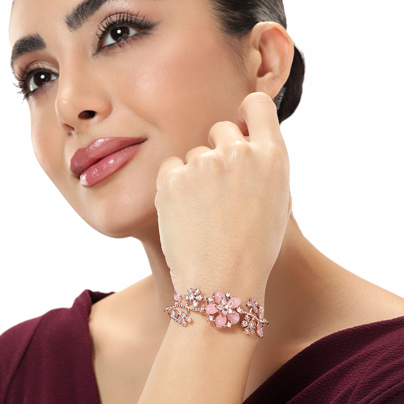 Estele Rosegold Plated Bloom-Inspired Mint Pink Beaded Flexible Varya Bracelet|A Stylish Ornament for Ladies