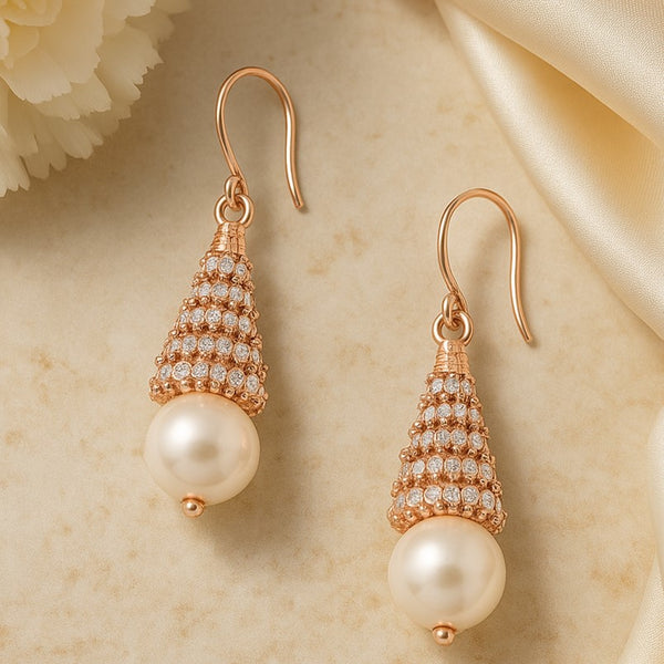 Estele Rose Gold Plated Crystal Faux Pearl Drop Earrings for Women