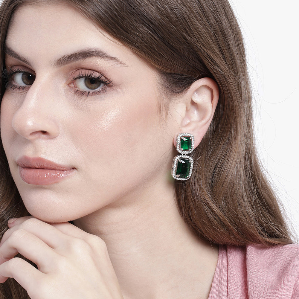 Buy Estele Rhodium Plated Aster Green emerald stones Earrings Online
