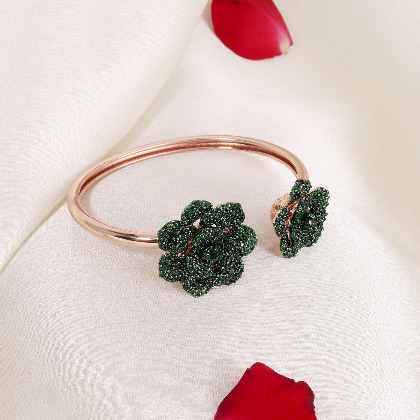 Estele Valentine ROSE Special Stunning Green American Diamond Rose Motif Cuff Bracelet with Rosegold Finish for Women Adjustable Fit for All Wrist Sizes