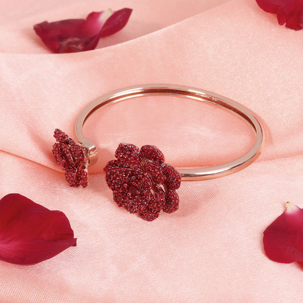 Estele Rose Collection Premium Rosegold Plated Floral Rose Motif Cuff Bracelet with Ruby Red Stones for Women: Adjustable & Comfort Fit for All Wrist Sizes