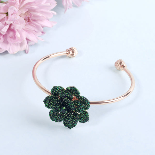 Estele Rose Collection-Stylish Comfort Fit Rose Motif Cuff Bracelet with Green American Diamonds for Women| A Timeless Statement Piece