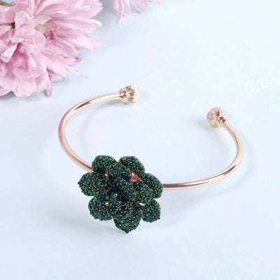 Estele Valentine ROSE Special Stylish Comfort Fit Rose Motif Cuff Bracelet with Green American Diamonds for Women A Timeless Statement Piece