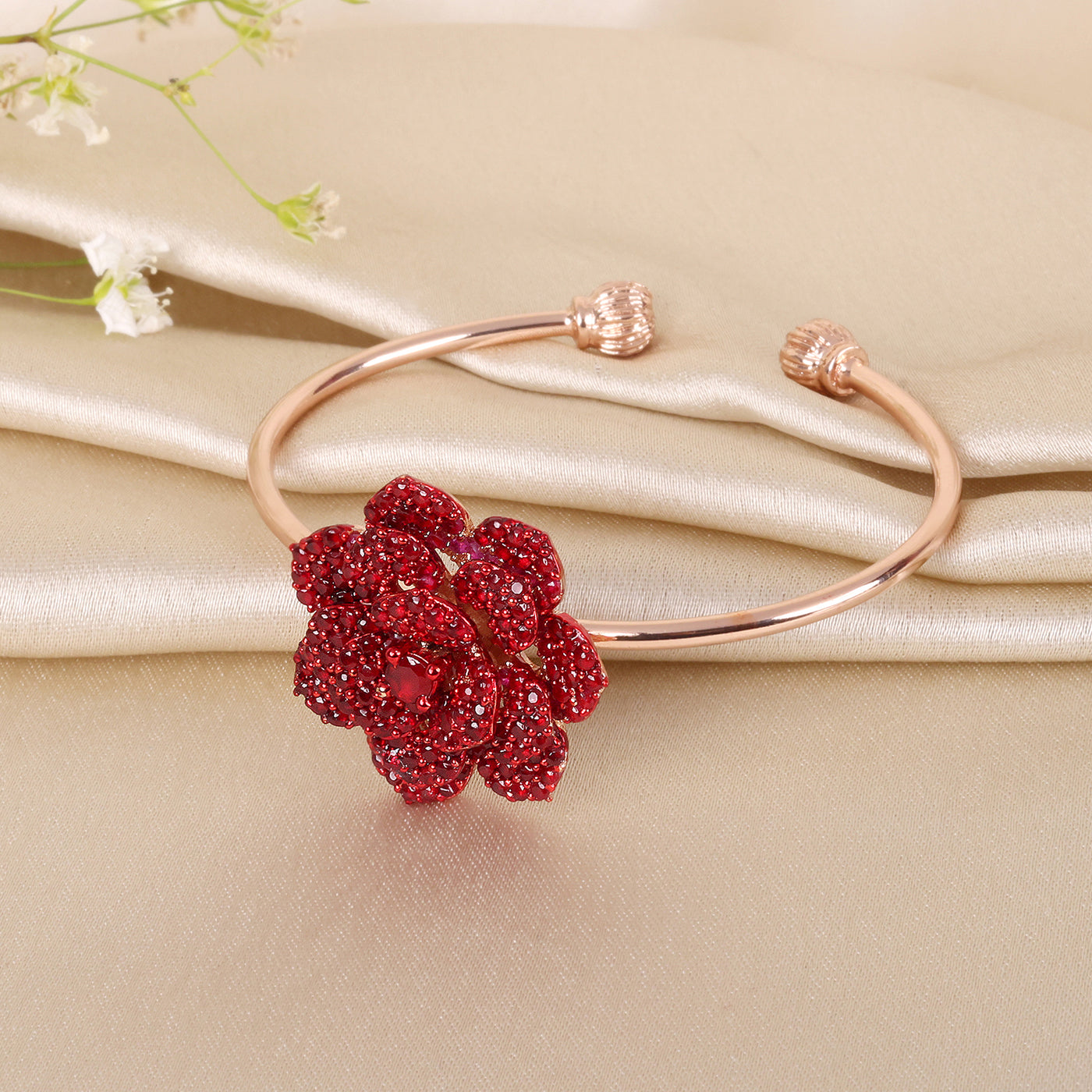 Estele Valentine ROSE Special Trendy Rose Motif Cuff Bracelet for Women: Rosegold Plated Floral Charms with Ruby Red Stones A Bold Statement for Every Look