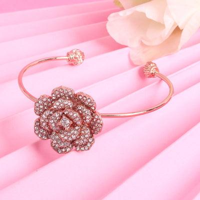 Estele Valentine ROSE Special Luxurious Rose Motif Cuff Bracelet: Rosegold Plated with Floral Charms Perfect Accessory for Women's Fashion & Gifts