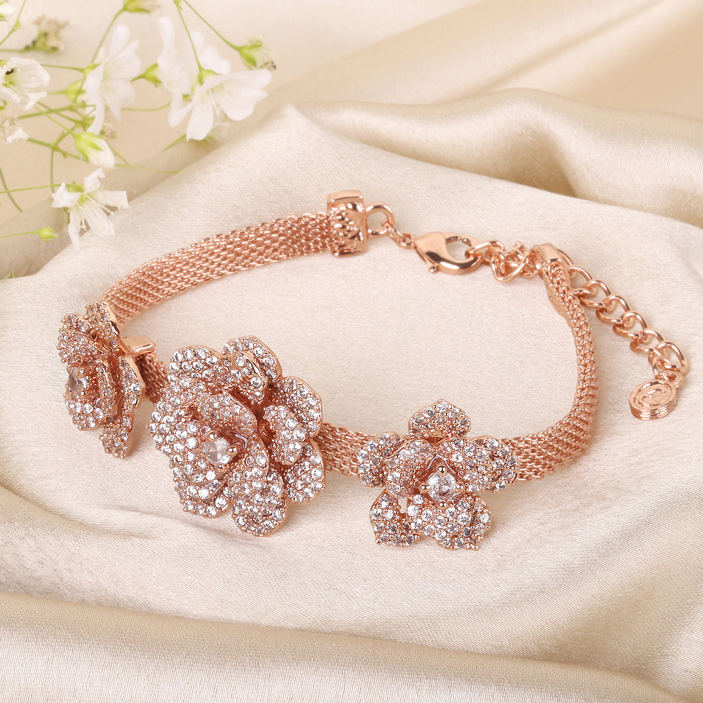 Estele Valentine ROSE Special-Exclusive Rose Charm Bracelet for Women: Intricately Rose Motifs & a Luxurious Finish with White American Diamond for Timeless Elegance