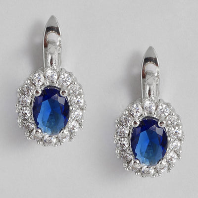 Estele Rhodium Plated CZ Flower Designer Stud Earrings with Blue Stones for Women