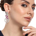 Estele Rhodium Plated CZ Scintillating Earrings with Ruby Crystals for Women