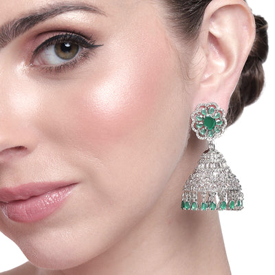Estele Rhodium Plated CZ Flower Designer Jhumki Earrings with Green Stones for Women
