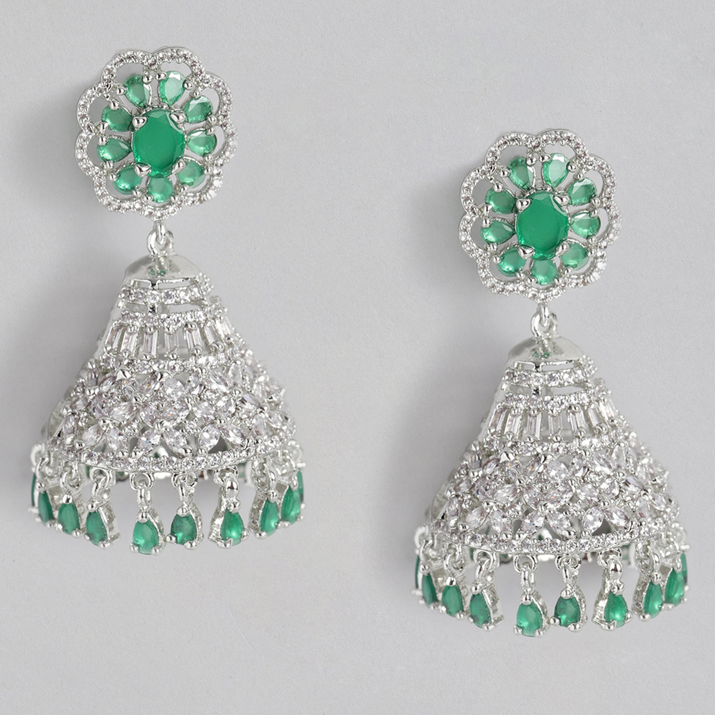 Estele Rhodium Plated CZ Flower Designer Jhumki Earrings with Green Stones for Women