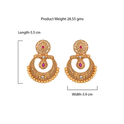 Estele Gold Plated Startling Matt Finish Drop Earrings with Ruby Crystals for Women