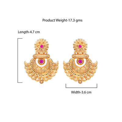 Estele Gold Plated Exquisite Matt Finish Drop Earrings with Ruby Crystals for Women