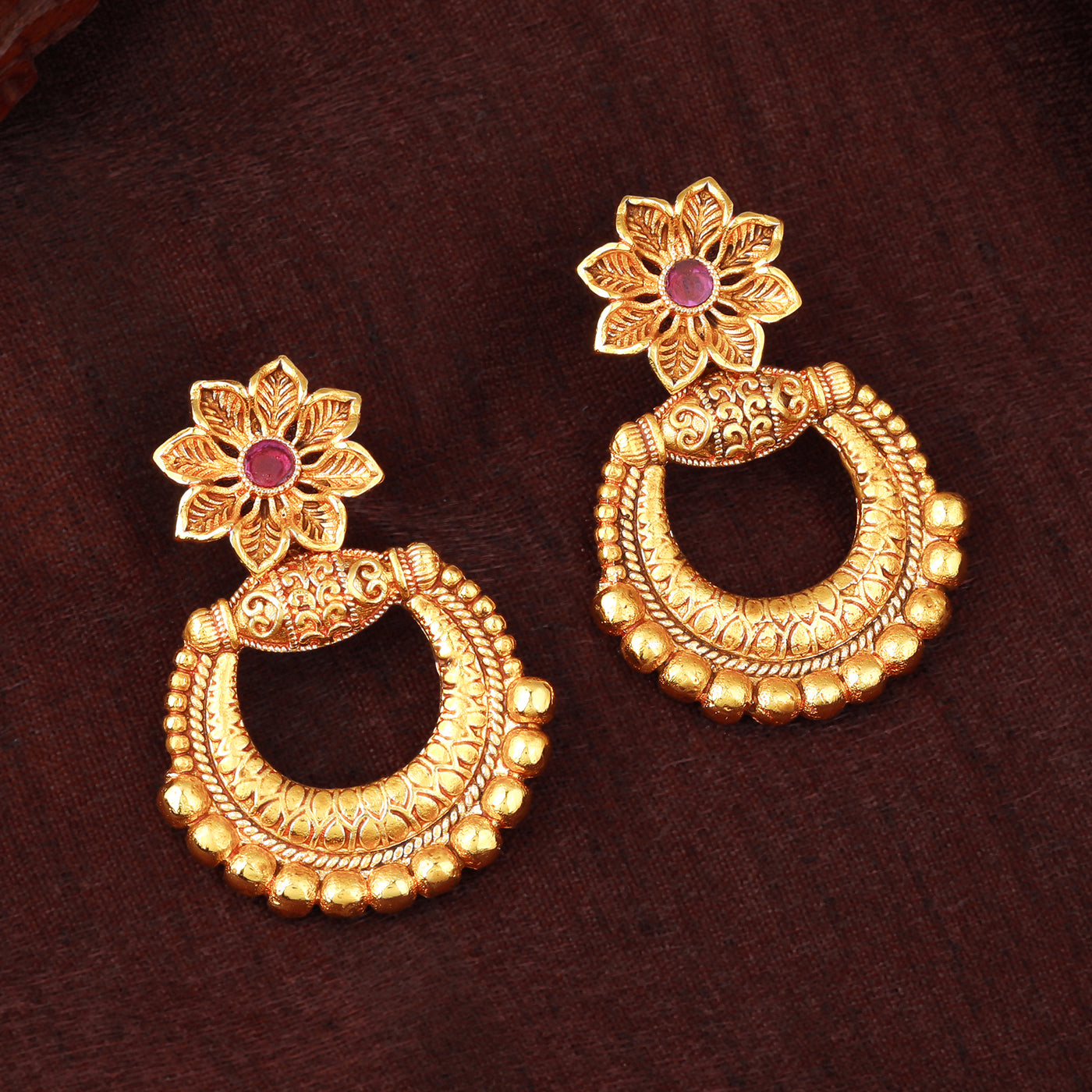 Estele Gold Plated Flower Designer Matt Finish Drop Earrings with Ruby Crystals for Women