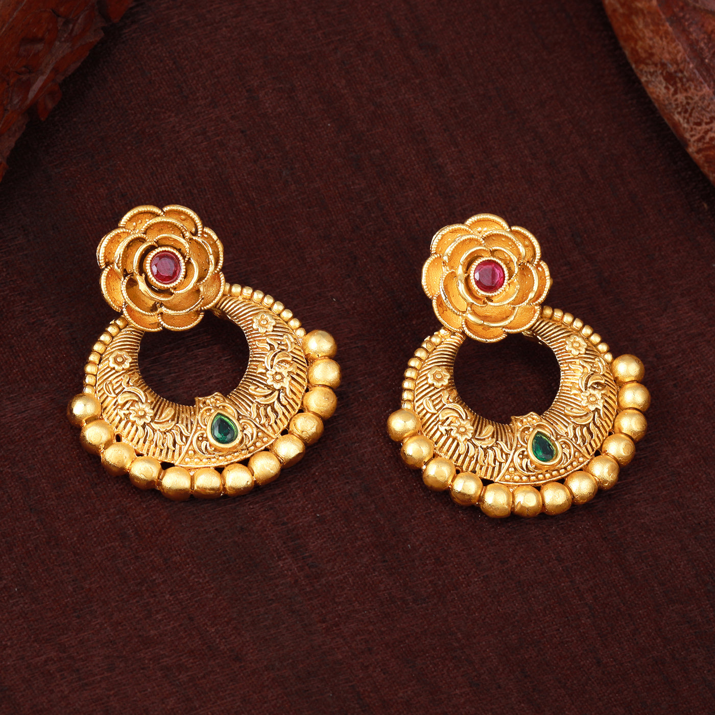 Estele Gold Plated Blossom Matt Finish Drop Earrings with Multi-color Crystals for Women