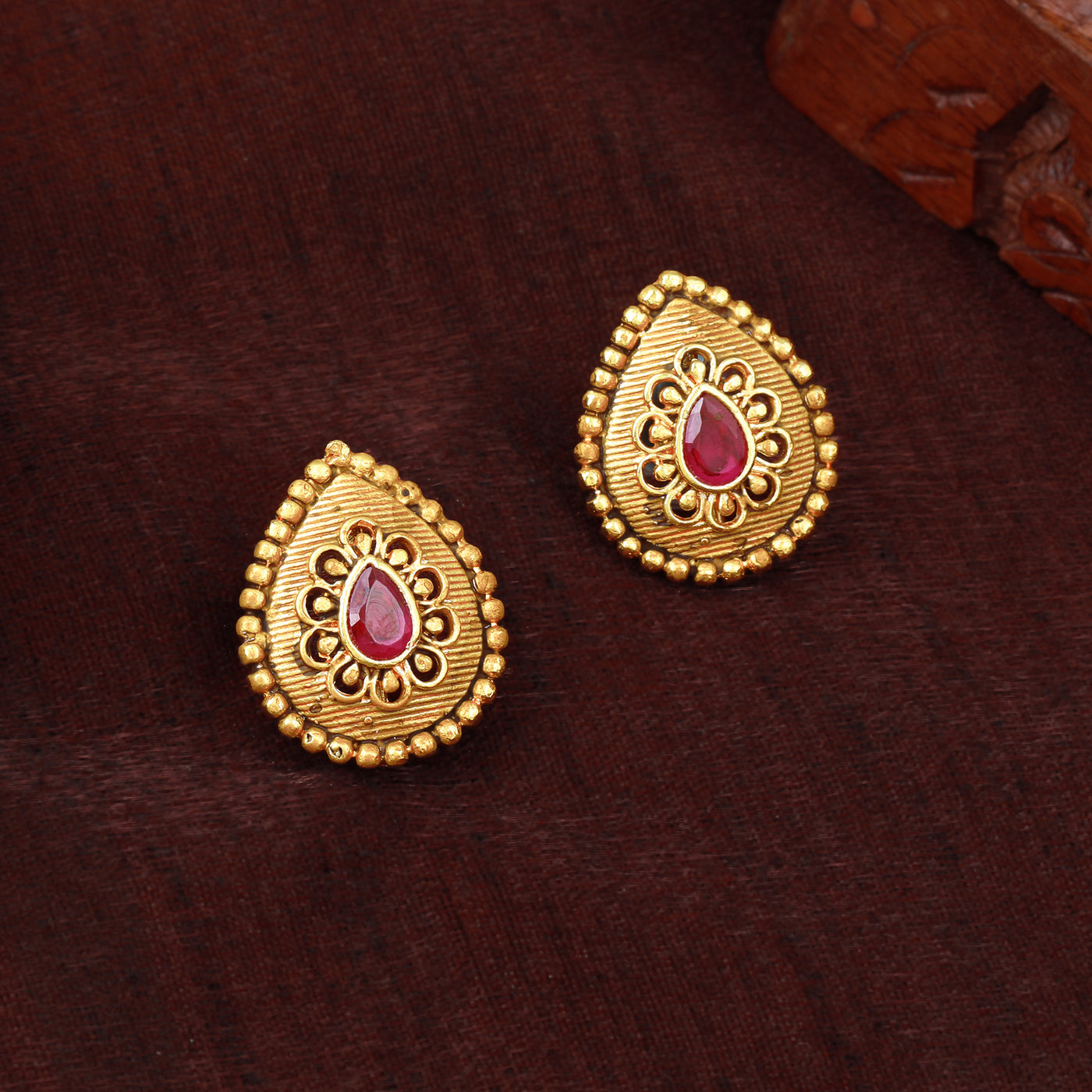 Estele Gold Plated Drop Designer Matt Finish Stud Earrings with Ruby Crystals for Women