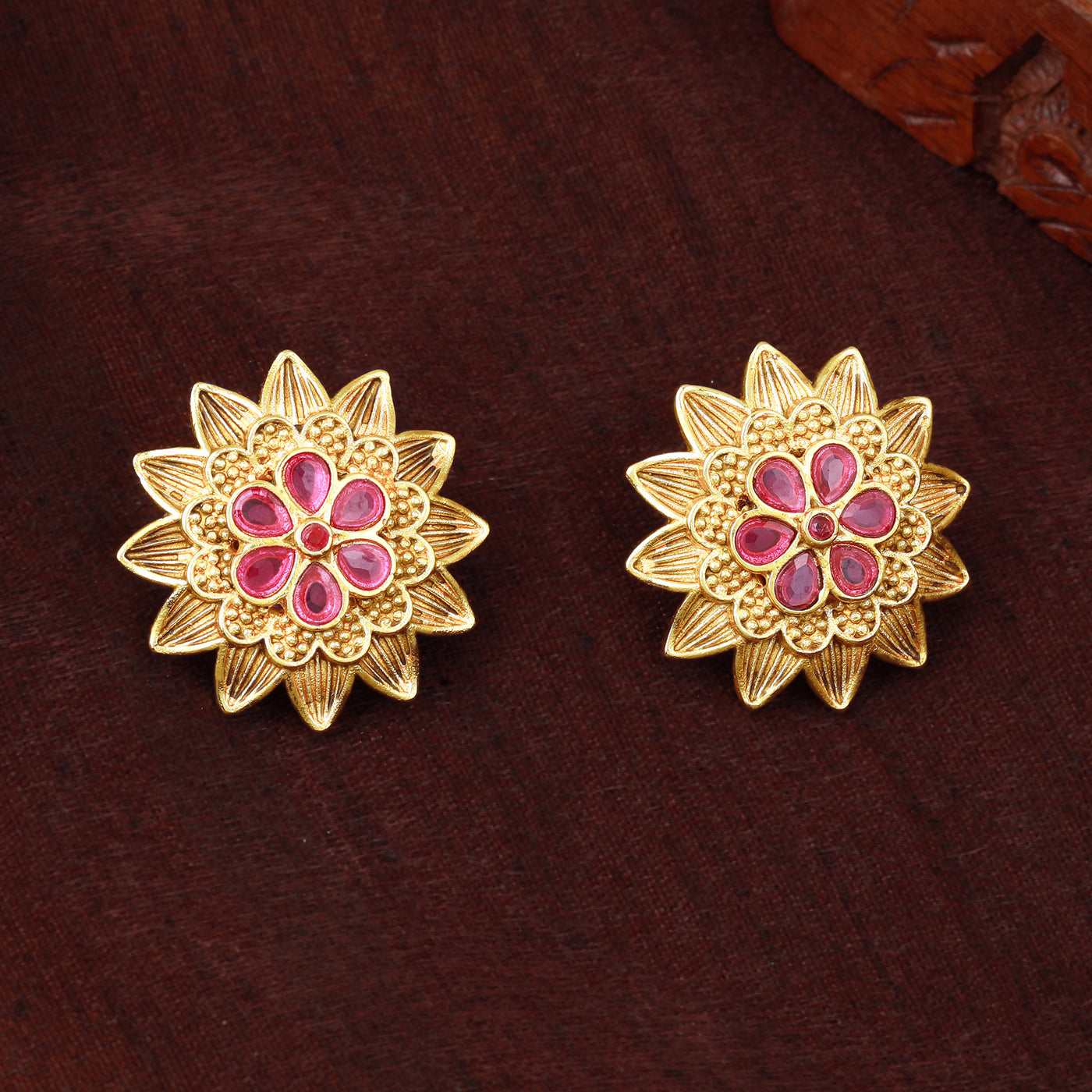 Estele Gold Plated Flower Designer Matt Finish Stud Earrings with Ruby Crystals for Women