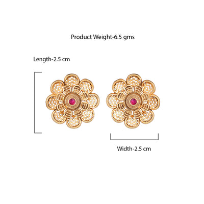Estele Gold Plated Floral Designer Matt Finish Stud Earrings with Ruby Crystals for Women