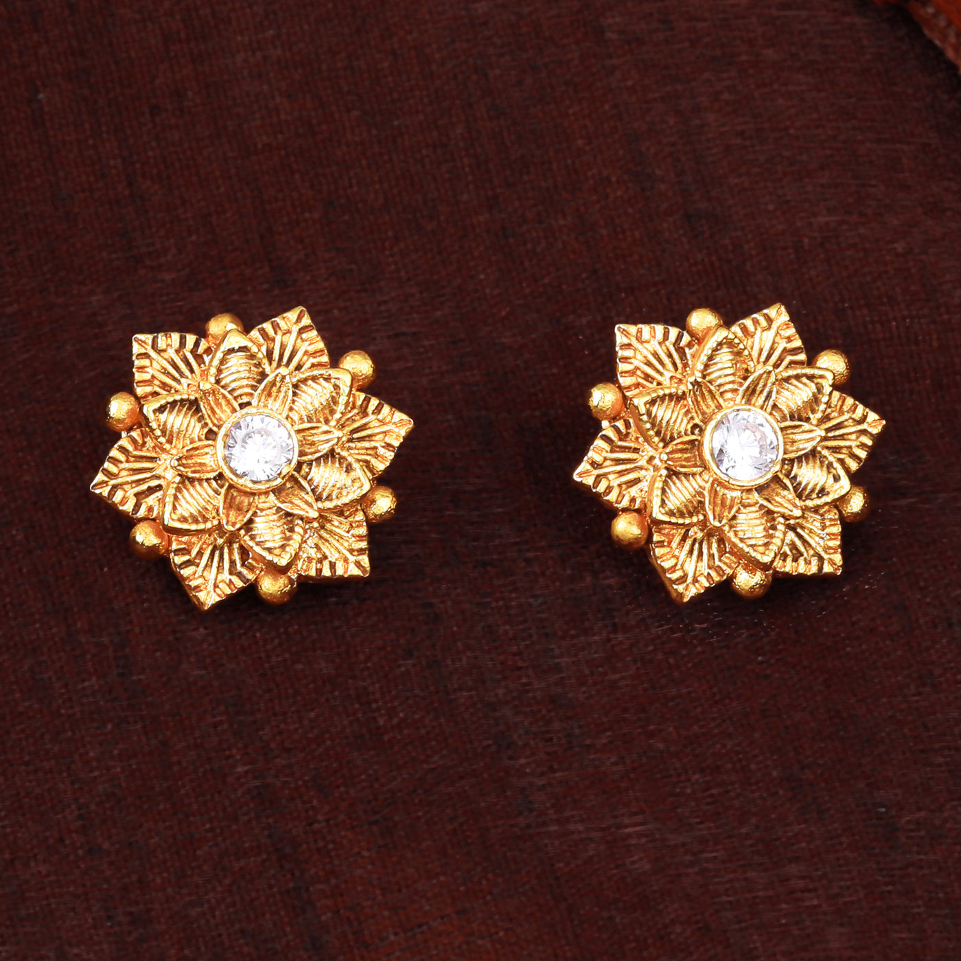 Estele Gold Plated Flower Designer Matt Finish Stud Earrings with White Crystals for Women