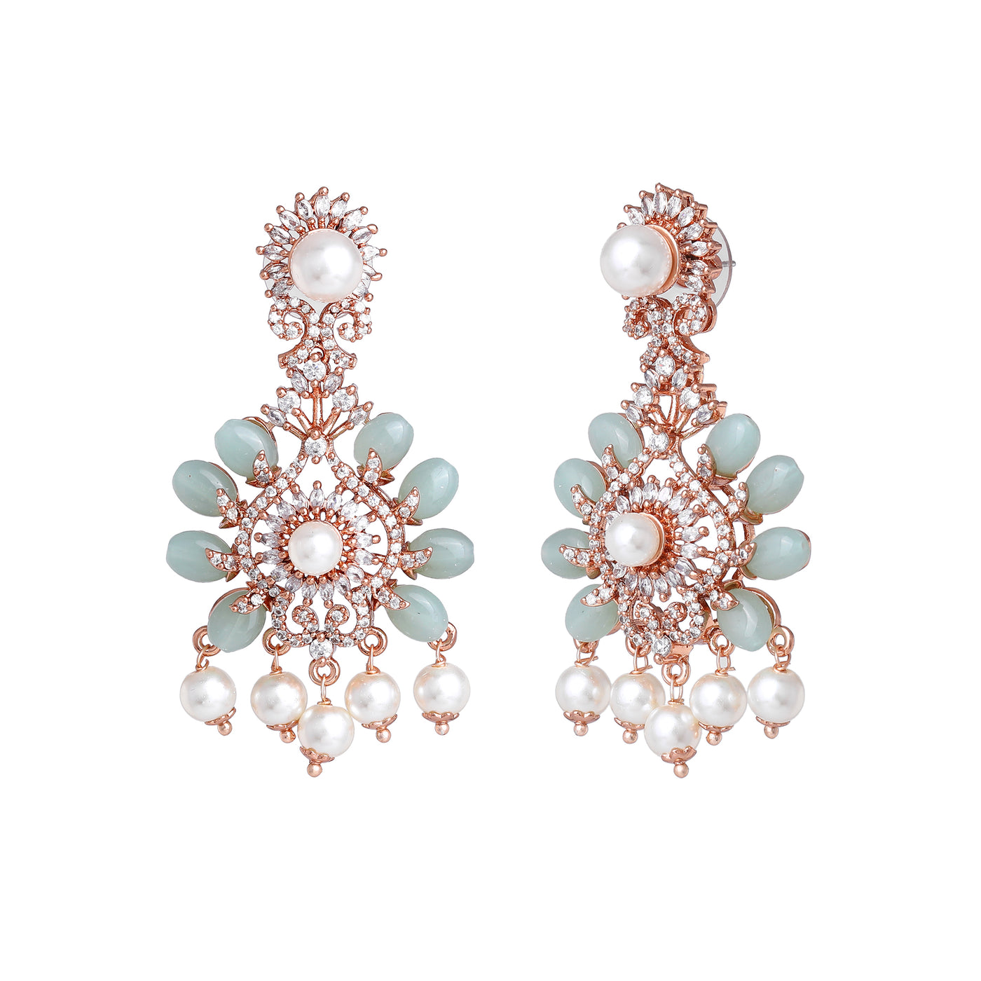 Estele Rosegold Plated Stylish Floral-Inspired Shiny Mint Green Beads Enhanced Dangler Earrings|Timeless Elegance for Women