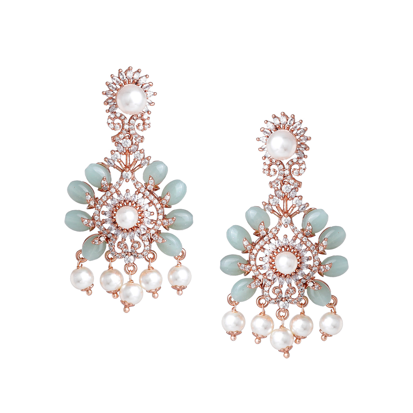 Estele Rosegold Plated Stylish Floral-Inspired Shiny Mint Green Beads Enhanced Dangler Earrings|Timeless Elegance for Women