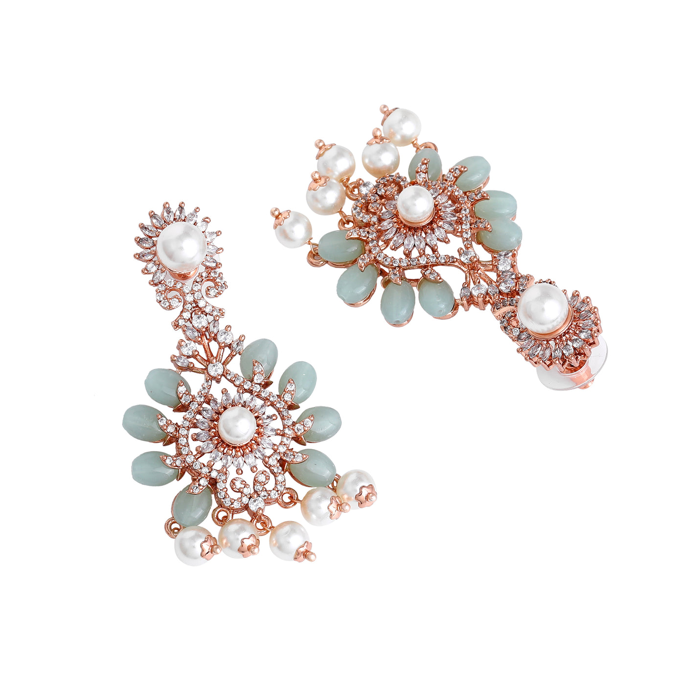 Estele Rosegold Plated Stylish Floral-Inspired Shiny Mint Green Beads Enhanced Dangler Earrings|Timeless Elegance for Women