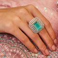 Estele Rhodium Plated CZ Sparkling Finger Ring with Mint Green Stone for Women(Adjustable)